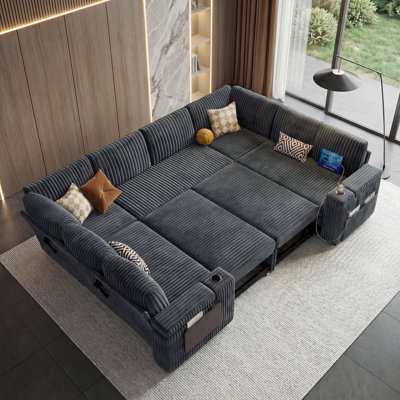 8-Seater Large Sectional Sofa Bed With Storage Lovescat, Modular Sleeper Sofa With Usb Port & Cup Holder, 108" U-Shaped Convertible Couch For Large Living Room