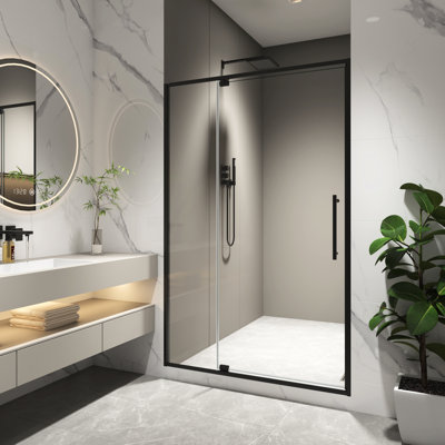 38 - 42"W X 74"H Pivot Shower Door, Matte Black, 5/16" Tempered Glass, Outside Open, 105 Degree Limit, Quick Installation, 4 Inch Adjustment, 304 Stainless Steel Hinges, Leak Design, Magnetic Seal,