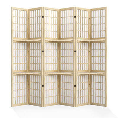 6-Panel Japanese Style Room Divider With Shelves, Wood Color