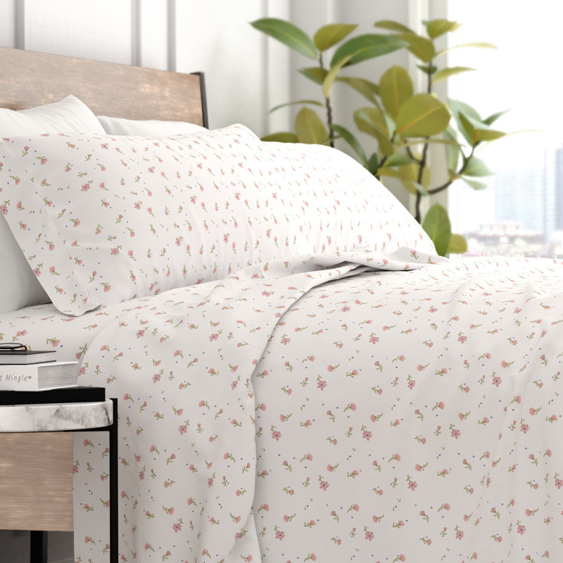 Twin Pink Floral Deep Pocket Cotton Microfiber Sheet Set