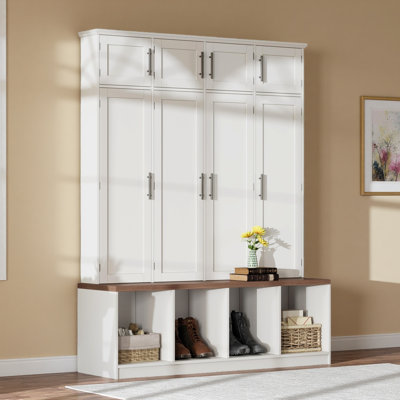 Arbre d'entrée de style campagnard avec 4 crochets cachés, banc polyvalent en noyer avec 8 portes, armoire à chaussures avec compartiment ouvert pour le salon