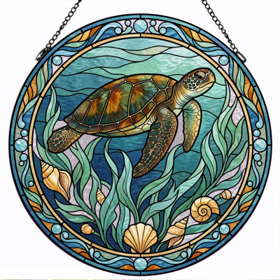 Sea Turtle Stained Glass Window Panel，7.8H