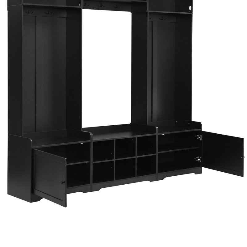 Modern Hall Tree With Shoe Storage, 4-In-1 Entryway Bench With 8 Cubbies, 7 Coat Hooks & Adjustable Shelf,Black, Black