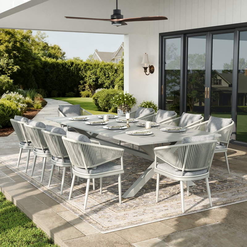 Rectangular Outdoor Dining Set With Cushions, Light Grey Cushion/White Frame, 10