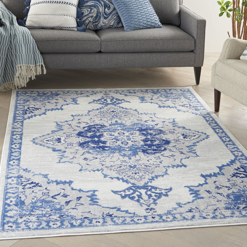 Tapis ivoire / bleu en polypropylène tissé à la machine Ikat, Rectangle 4 pi x 6 pi