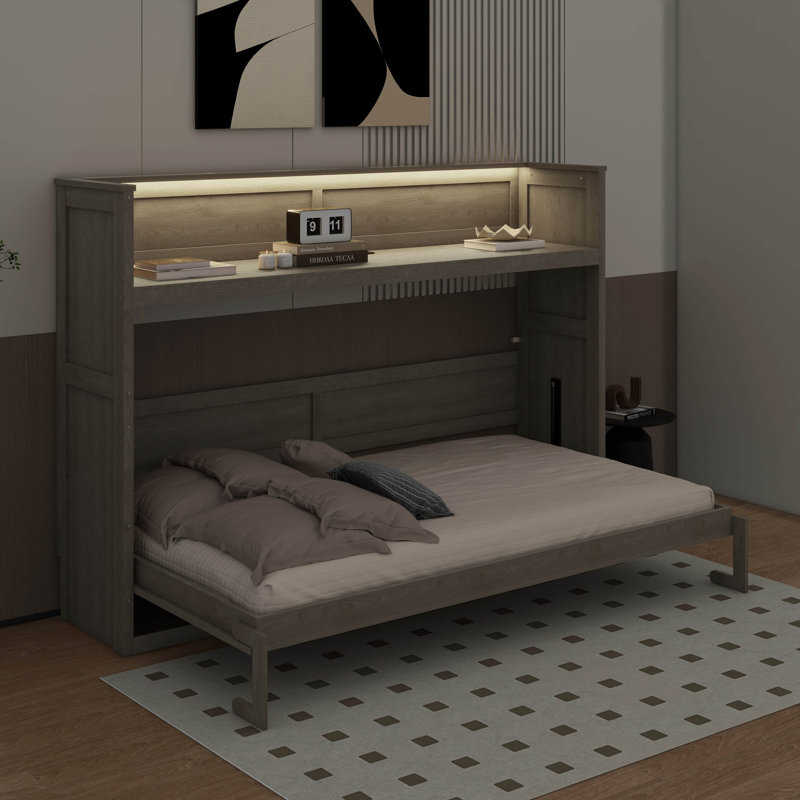 Lit escamotable simple TG avec bureau, lumière DEL et USB, Gris délavé