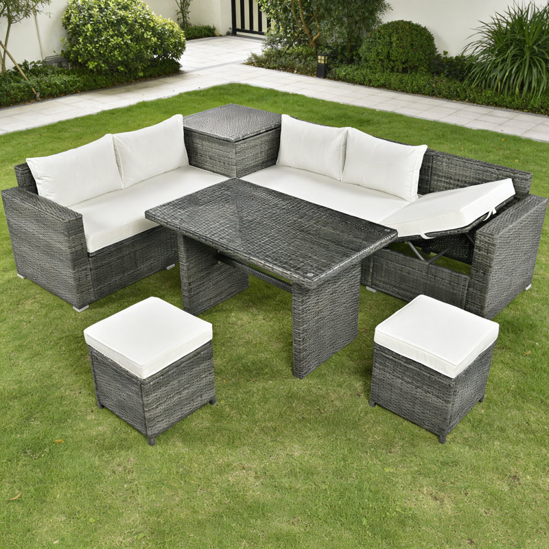 6-Piece All-Weather PE Rattan Patio Sectional Sofa Set With Adjustable Seats, Storage Box, Removable Covers And Tempered Glass Table