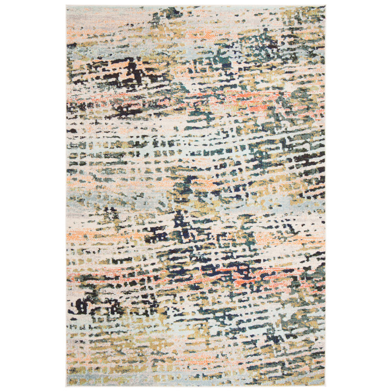 Tapis beige / bleu marine à motif abstrait Felty, Rectangulaire 3 pi x 5 pi