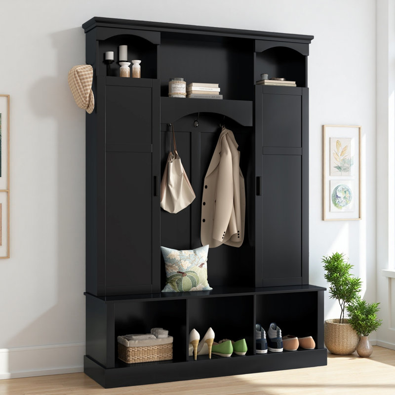 Arbre de couloir moderne tout-en-un avec tablettes réglables, banc de rangement de style campagnard arqué classique avec armoires latérales doubles