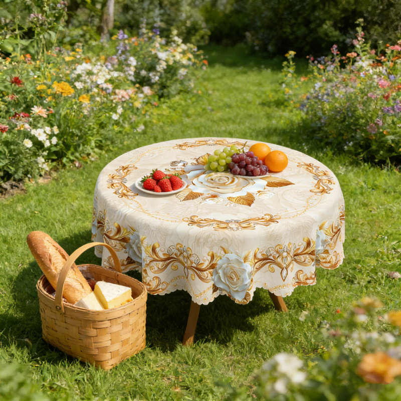 Spring Summer Tablecloth 152cm Round, Flowers Floral Table Cover for Party Picnic Dinner Decor