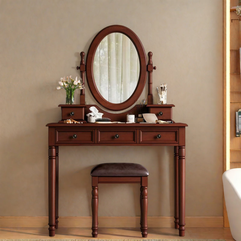 Bureau de coiffeuse avec miroir à angle réglable, tabouret rembourré et 5 tiroirs, Noyer