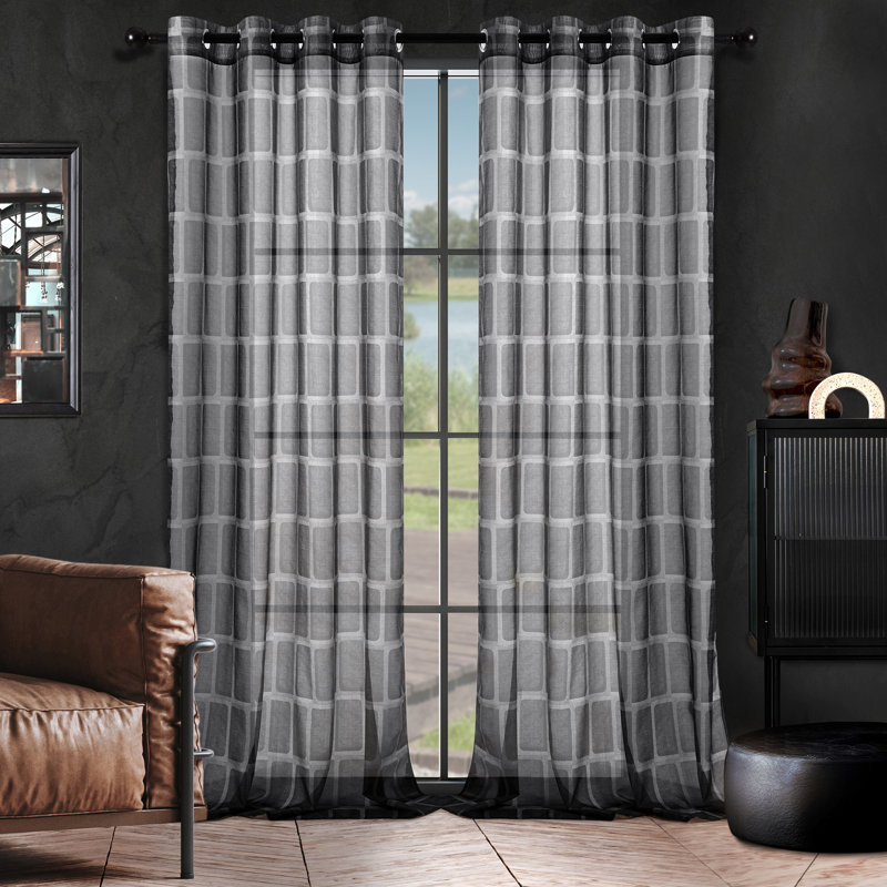 Light Filtering Sheer Grommet Curtains with Plaid Pattern (Set of 2), 52" W x 84" L, Gray