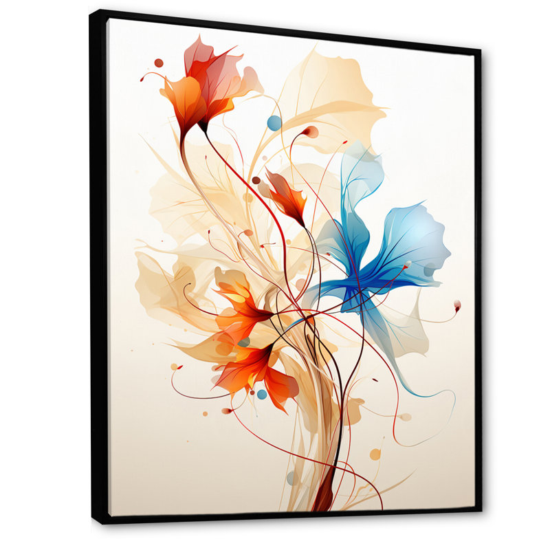 Aquarelle florale moderne en orange et bleu, H 32 po x l 16 po x P 1 po, Cadre flottant noir