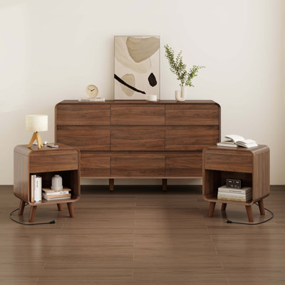 Nightstand Set Of 2 And Bedroom Dresser With 9 Drawers, Modern Walnut Dresser And Bedside Table With 1 Drawer