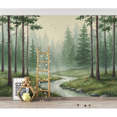 Papier peint à l'aquarelle Serene Evergreen Forest - paysage de forêt de forêt rêveuse