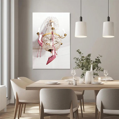1Pc Framed Canvas Poster Print Crystal Chandelier, Pink High Heels, Vintage Luxury Style Wall Art Decor, Perfect for Room Decor Living Room Bedroom Office Kitchen Bathroom Home Decor, Ideal Home Wall Decoration Gift