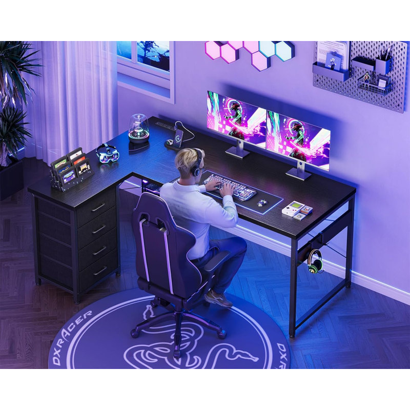 Bureau de jeu en L réversible avec 4 tiroirs, prises de courant et port de charge USB, bureau d'ordinateur en coin avec support pour bureau personnel, noir