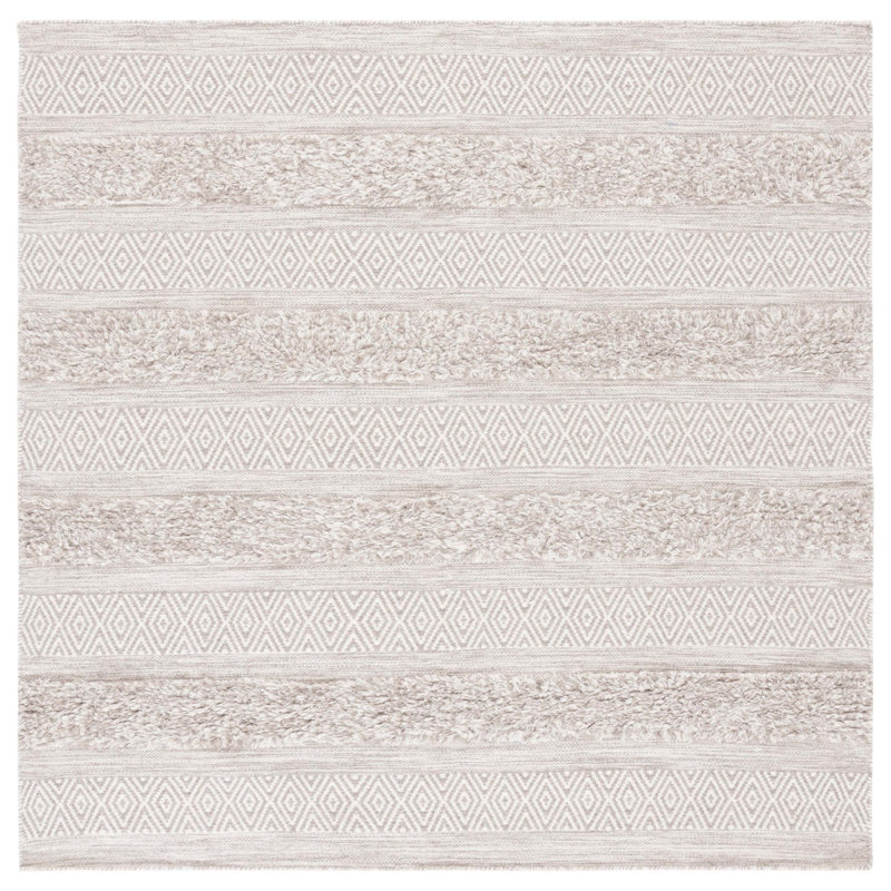 Vermont Hand Woven Wool/Cotton Striped Rug in Beige/Gray, Square 6'