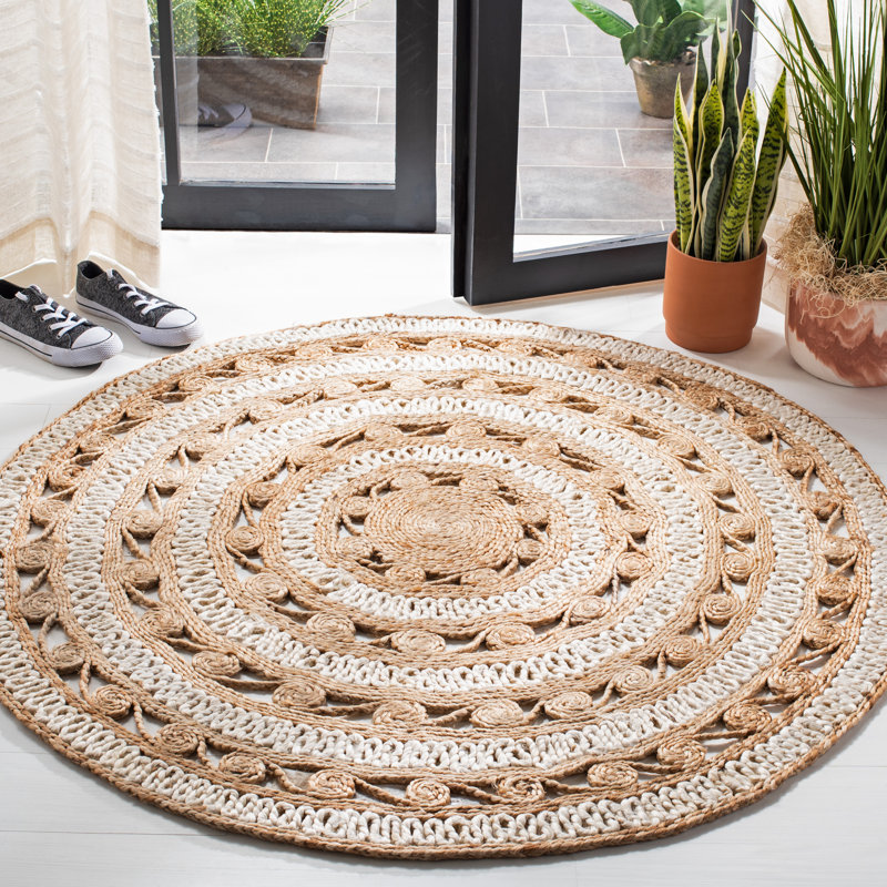 Tapis blanc / naturel en jute / sisal tissé à la main à plat, Rond 3 pi