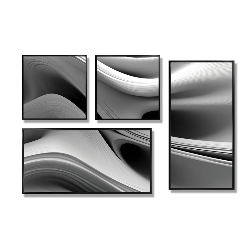 «White Black Infinite Ripples - Abstract Modern Waves», reproduction d'art sur toile 4 pièces, Black