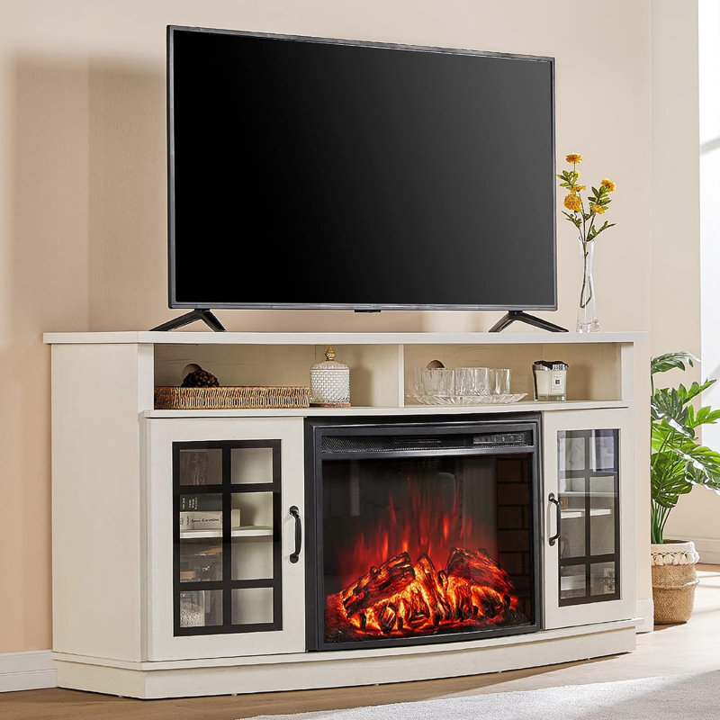 Naelson TV Stand for TVs up to 65" with Fireplace Included, Distressed White