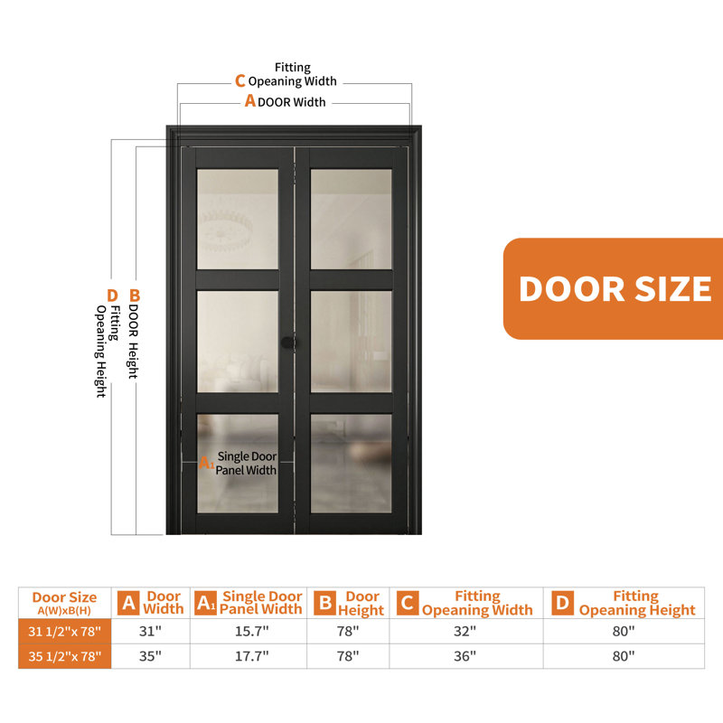 32 po x 80 po (porte de garde-robe double 16 po x 80 po) Portes pliantes noires en verre trempé 3 portes pliantes avec trousse de quincaillerie incluse, assemblage facile