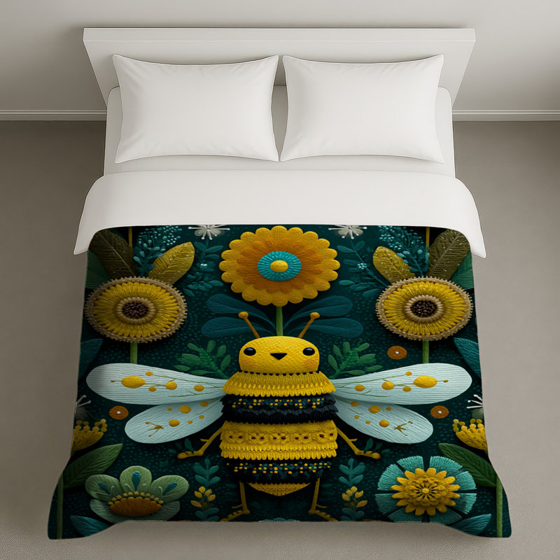 Housse de couette abeille jaune avec fleurs, Très grand lit