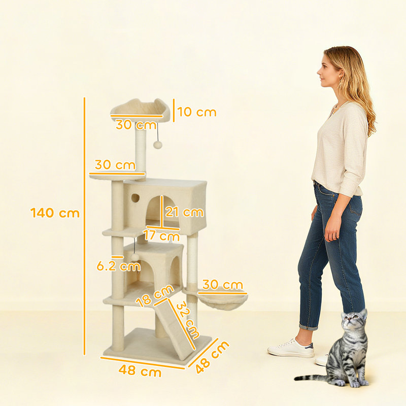 Cat Tree, Beige, 140cm H x 48cm W x 48cm D