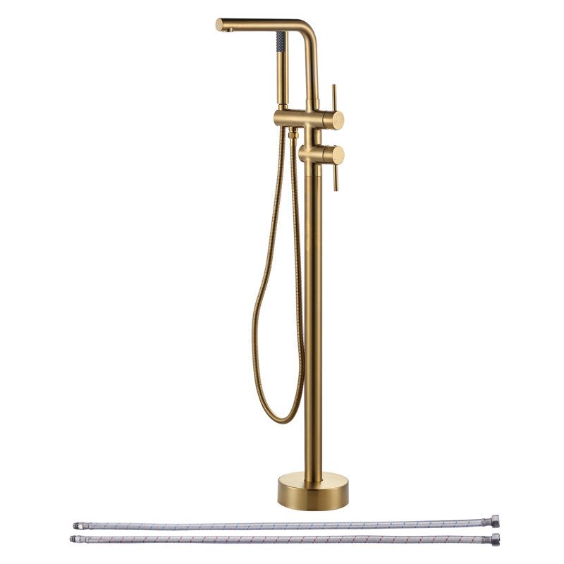 Robinet de baignoire autoportant moderne à poignée simple, robinet de baignoire à fixation au sol avec douche à main, Doré