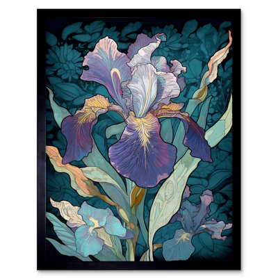 Lundell A Single Iris Flower Bloom Purple Teal and Yellow 1 Piece Single Picture Frame Wall Art