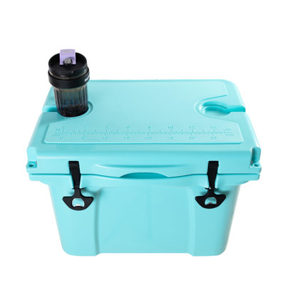 25qt Insulated Cooler For Camping And Fishing: 5 - Day Extended Cold Retention, Rotational Molding, Non Slip Feet, Built In Bottle Opener, Cup Holder Quick V Shaped Drainage, Turquoise Plastic