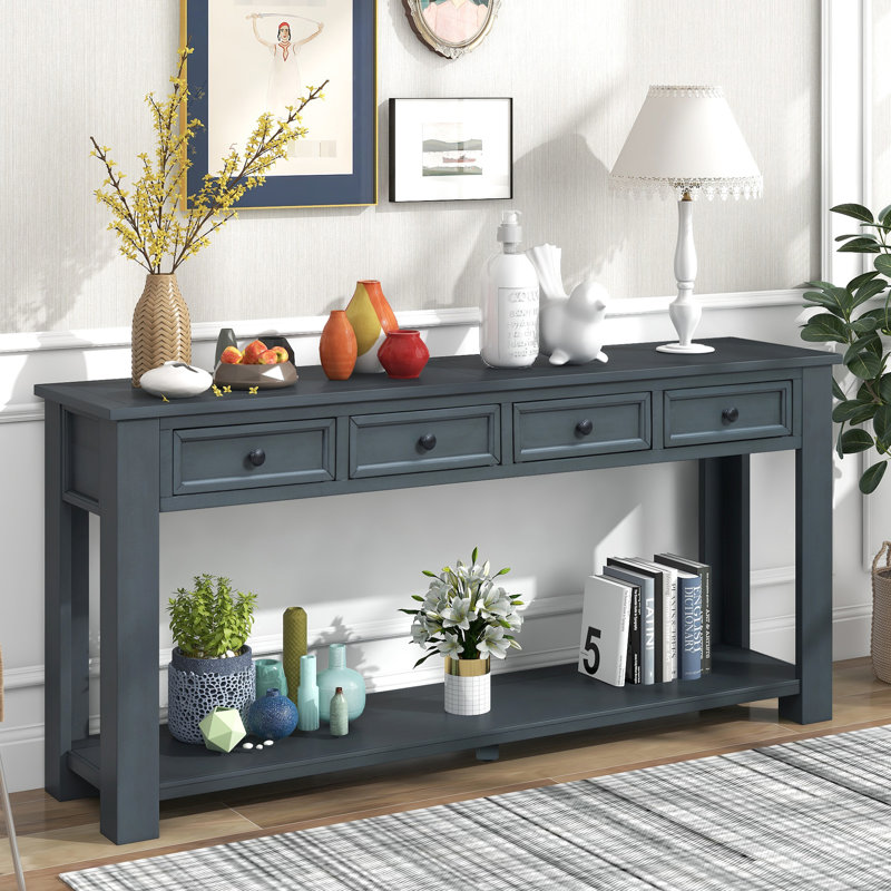 Élégante table d'entrée en bleu marine massif avec console de rangement à tiroirs couleur marine et tablette spacieuse