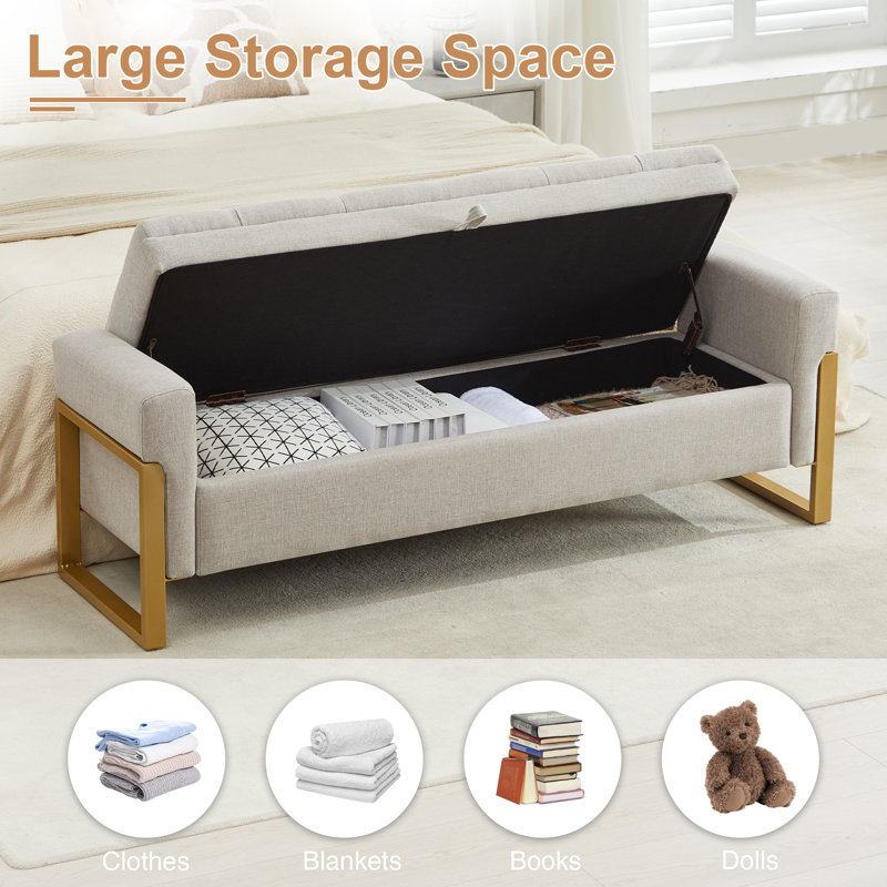 57'' Wide Tufted Rectangle Storage Ottoman, Beige Linen
