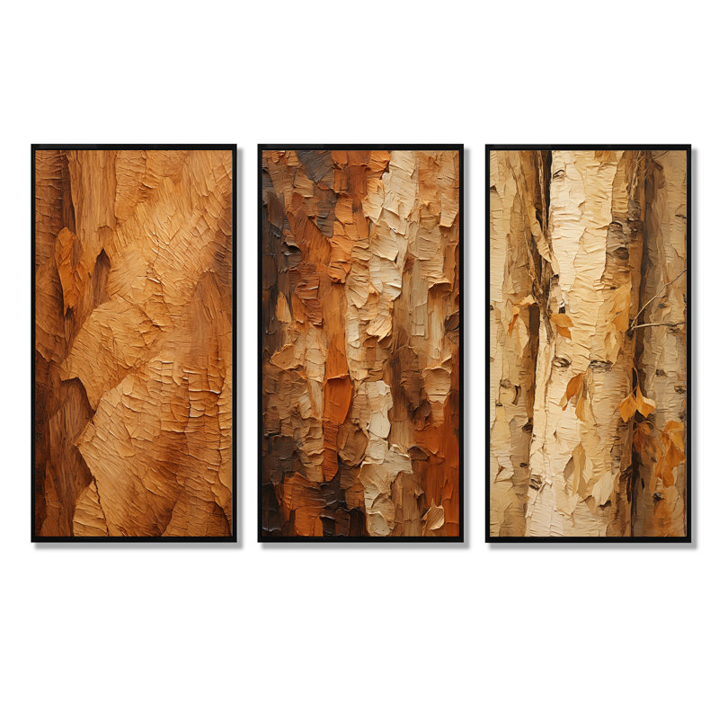 Brown Tree Bark Essence I - Ensemble de 3 décorations murales arbre, H 40 po x l 60 po, Cadre flottant noir