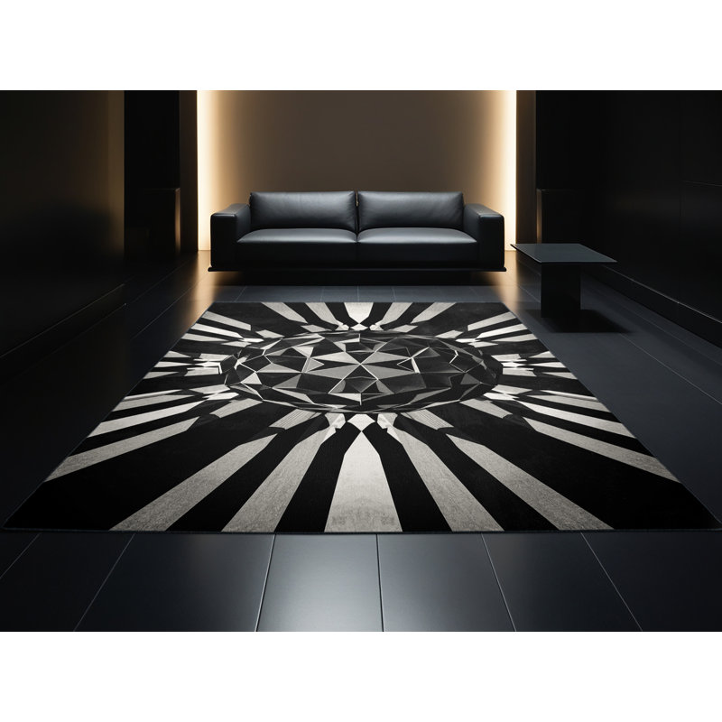 Machine Washable Patterns And Textures Modern & Contemporary Geometric Shapes Rug in Gray – Black Binding, 8' Square