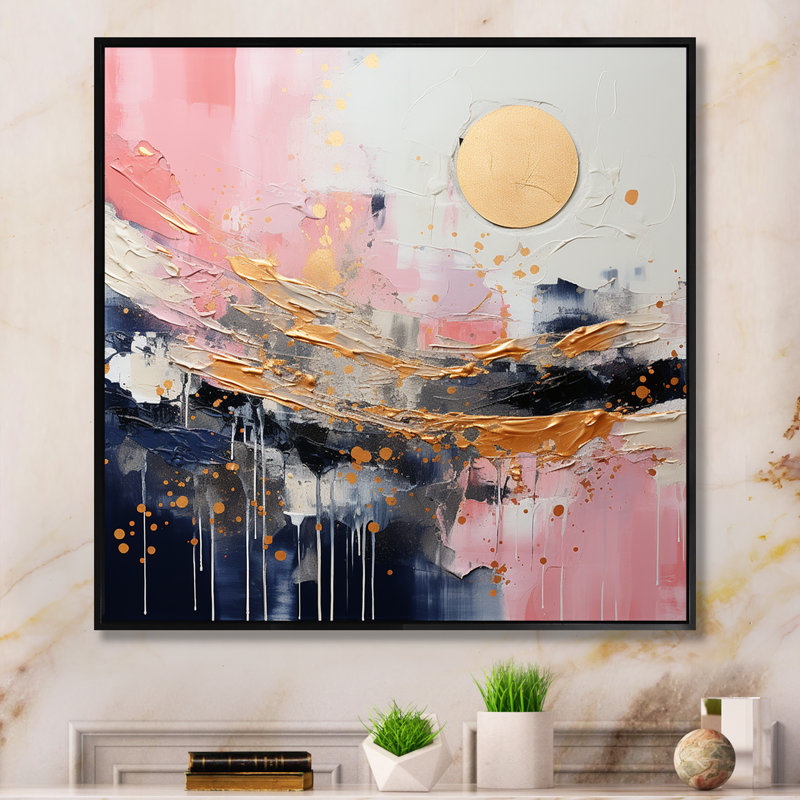 Art moderne encadré doré et rose - formes abstraites modernes, Cadre flottant noir, H 30 po x l 30 po x P 1,5 po