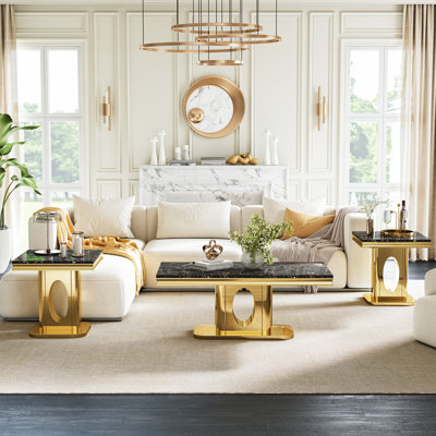 3-Piece Faux Marble Table Set, 46.85" Coffee Table With 22.83" End Tables, Oval Cutout Base With Mirrored Stainless Steel Frame
