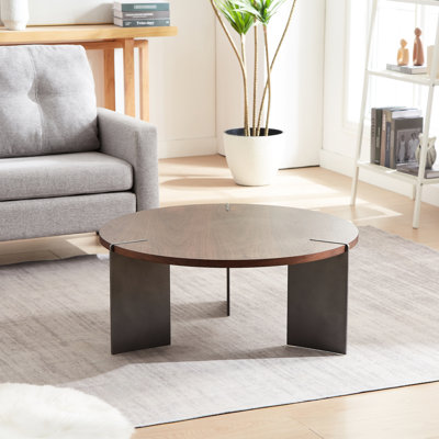 Round Coffee Table In Walnut Finish - Black Metal Frame, Stylish For Home Use Dark Brown With Top And Frame