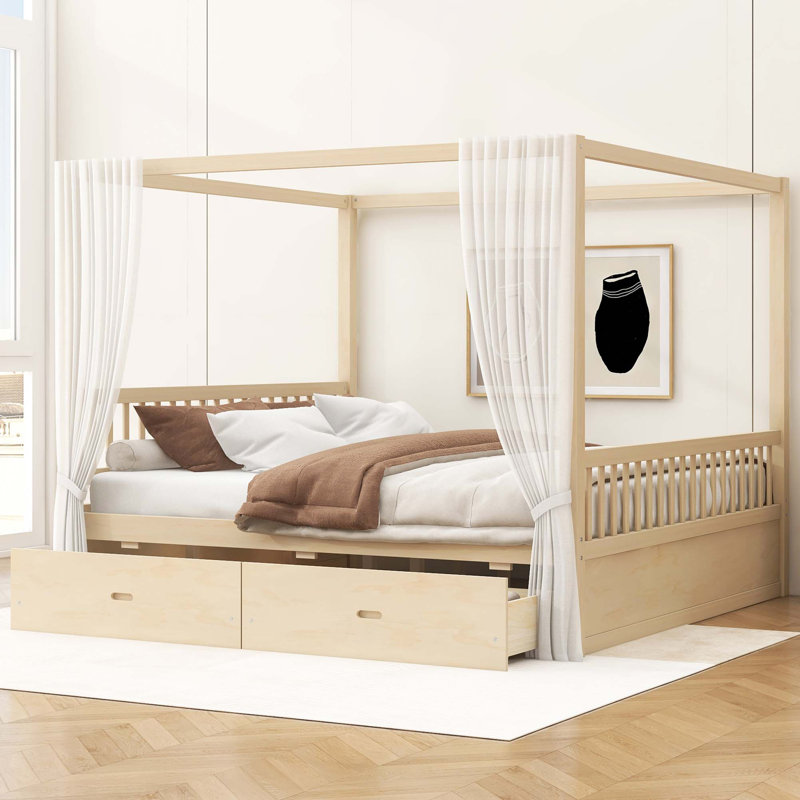 Lit à baldaquin en bois avec tiroirs de rangement intégrés, Naturel