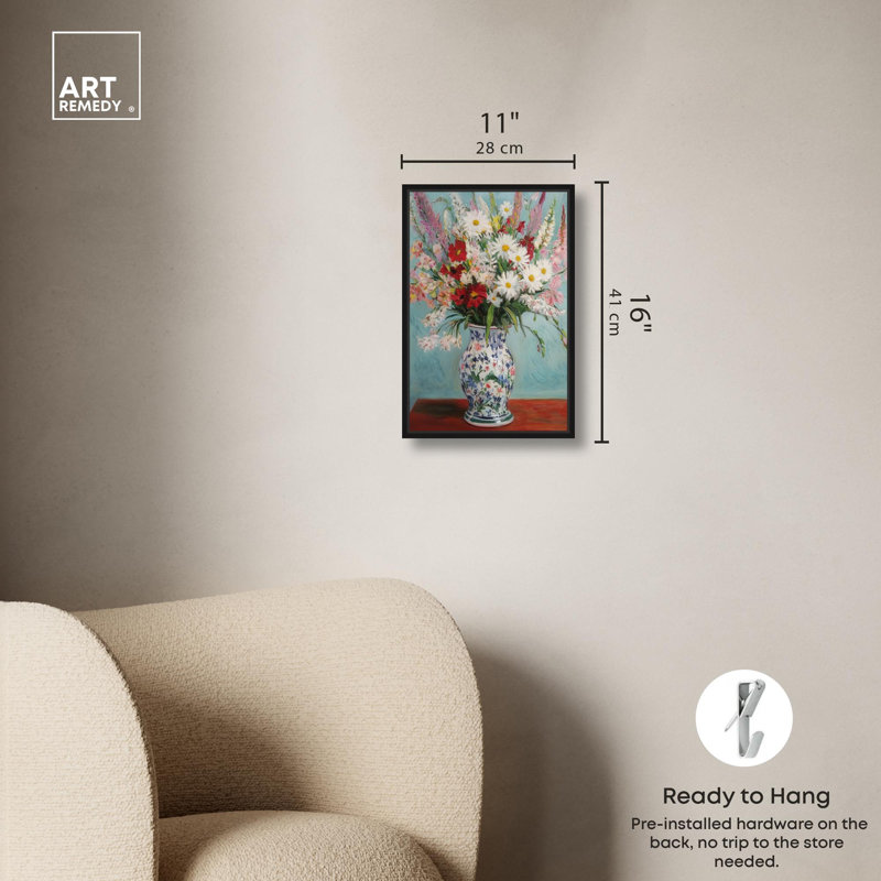 Fleurs sur une table, art floral chic par Art Remedy, Cadre flottant noir, H 16 po x l 11 po