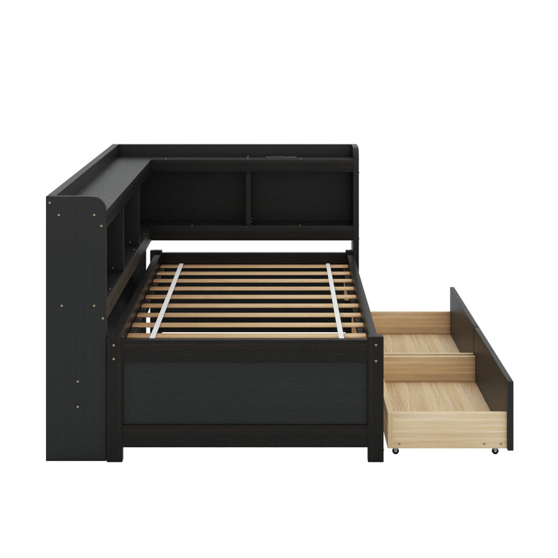 Lit simple en forme de L avec bibliothèques avec prises de courant, USB et deux tiroirs, Espresso