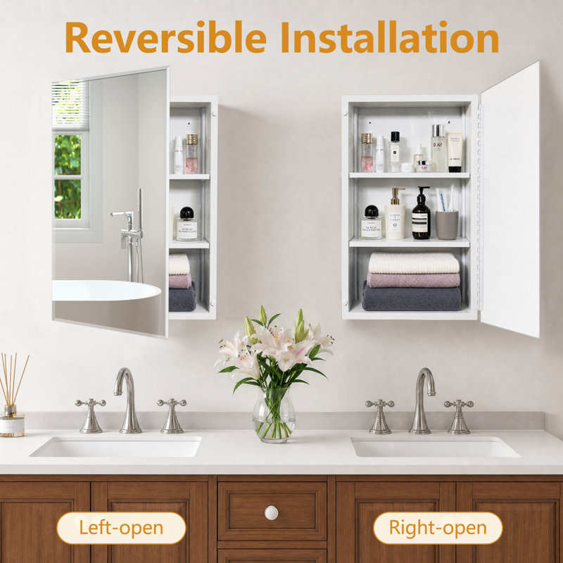 16 x 20 Inches Medicine Cabinet With Beveled Frameless Mirror& Adjustable Shelves,Recess or Surface Mount,Already Assembly