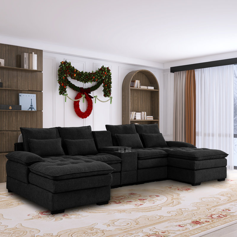 Alhertine Black U-Shape Couch with Comfy Armrests & Seat Sectionals ,Console storage and Cup Holders, Black Linen