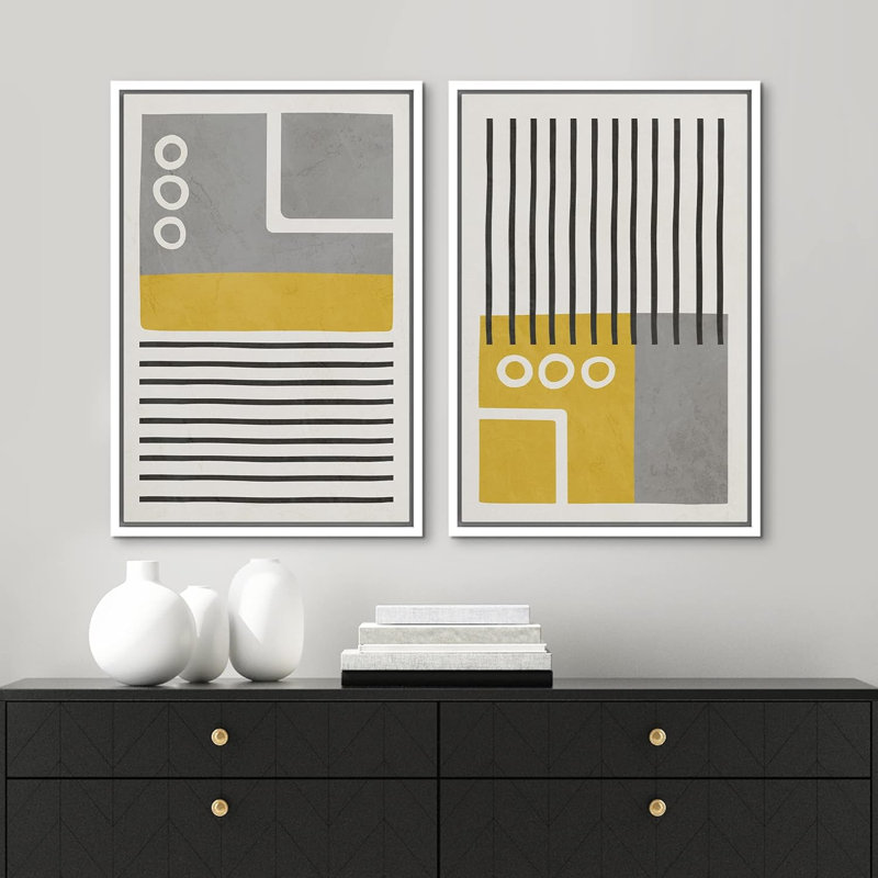 «Mid-Century Boho Style Grey Polygon», 2 pièces, H 24 po x l 16 po, Blanc
