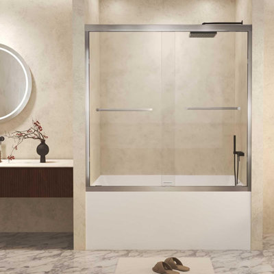 56-60" W X 60" H Double Sliding Shower Tub Door, Aluminum Frame Shower Bathtub Doors With 1/4" (6 Mm) Explosion Proof Film Glass, Sliding Glass Door Brushed Nickel