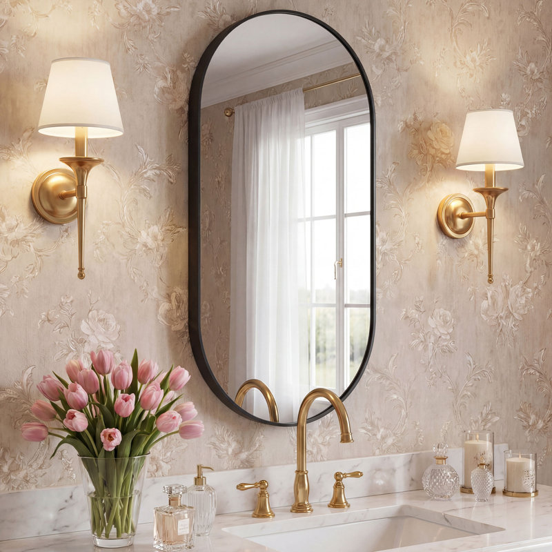 Oval Metal Wall Mirror, Modern Bathroom Mirror, Decorative Vanity Wall Mirror For Bathroom, Entryway & Bedroom, Black