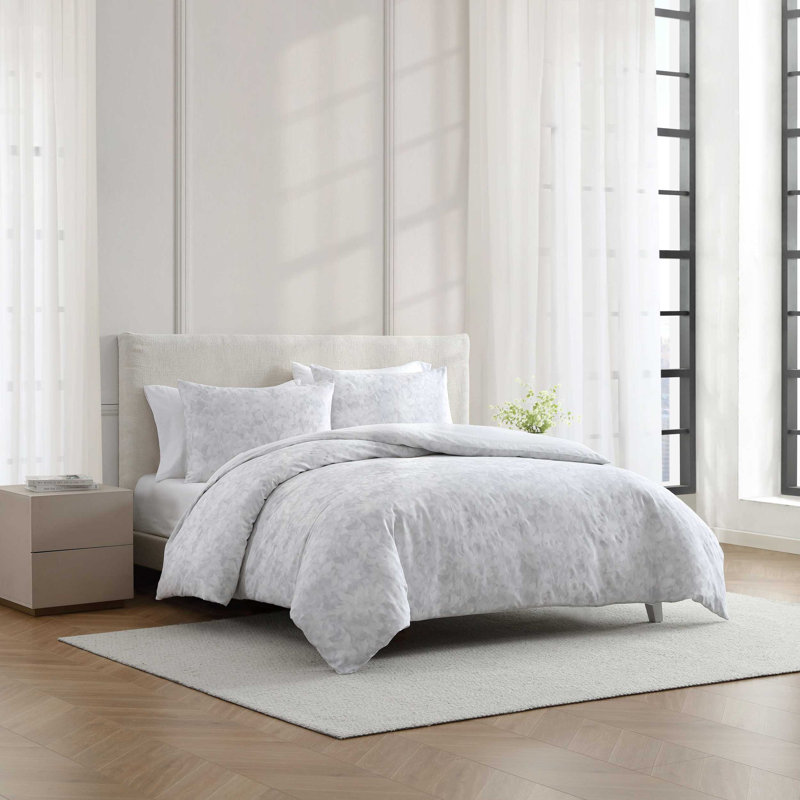 Vera Wang Nebulous Flower Cotton Reversible Grey Duvet Cover Set, King Duvet Cover + 2 King Shams