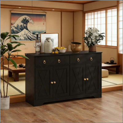 Buffet de rangement de cuisine avec portes de style grange et armoire à tiroirs