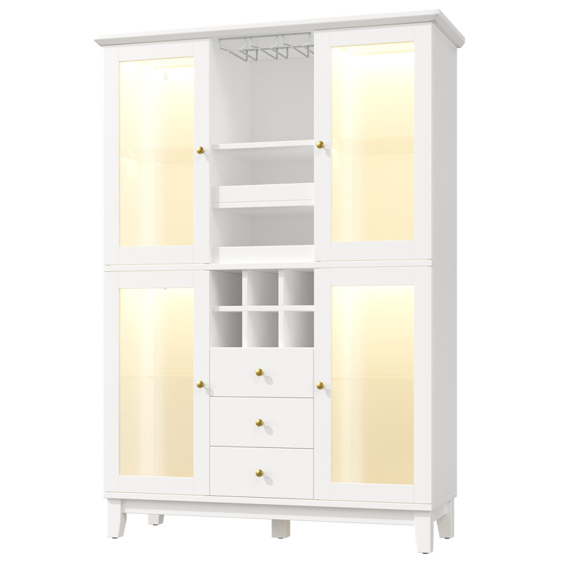 Kitchen Cabinet With Led, Wine Rack, 3 Drawers And 4 Doors White
