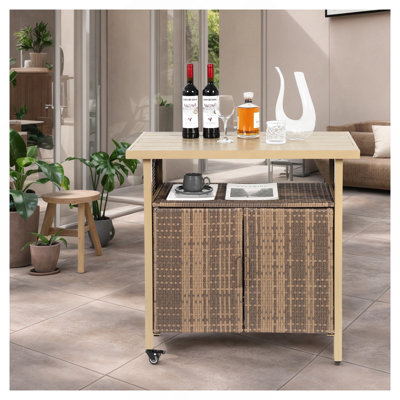 Outdoor Wicker Bar Cart, Patio Wine Serving Cart W/Wheels , Rolling Rattan Beverage Bar Counter Table W/Glass Top For Porch Backyard Garden Poolside Party, Beige